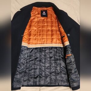 Chaps Men's Wool Black Double Breasted Pea Coat w Orange Quilted Lining - Sz M